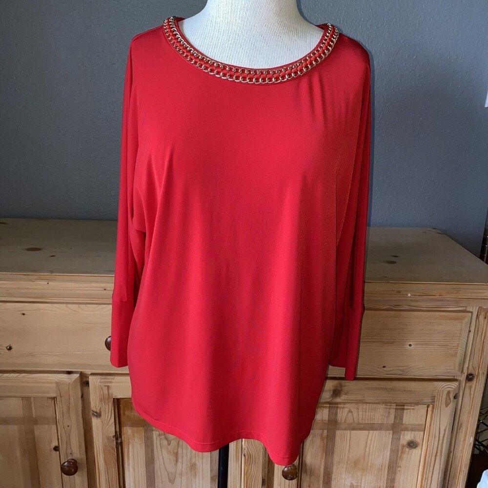 Calvin Klein Blouse Women's Size Medium Red Gold Accent Stretchy Dressy Ladies